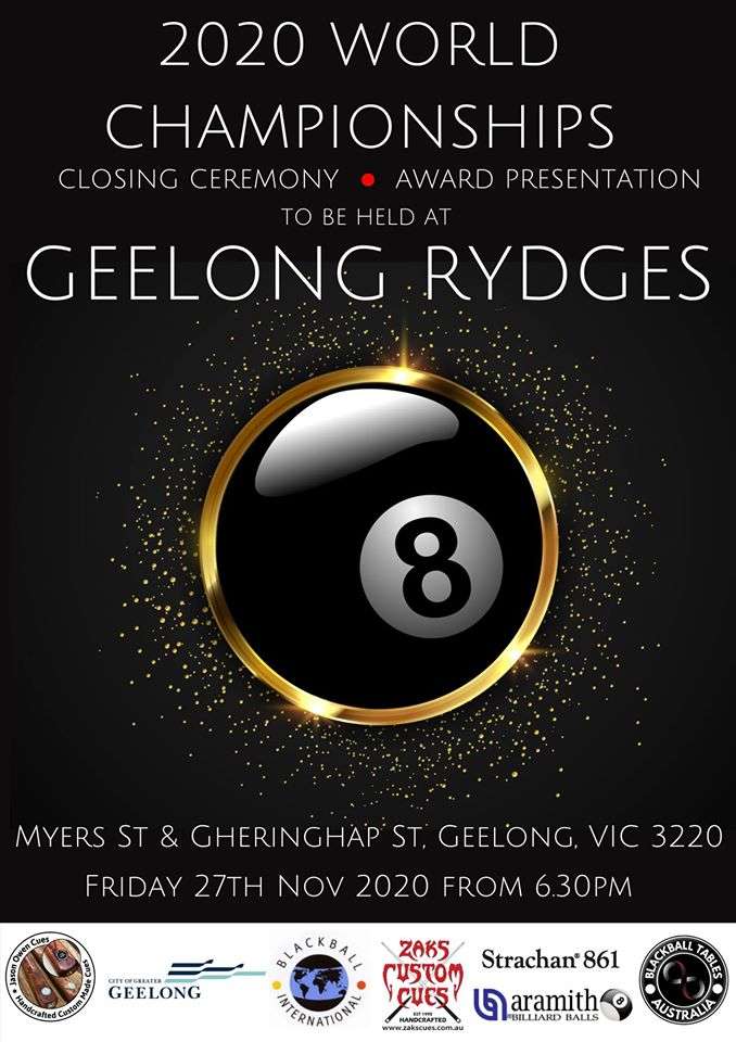 Geelong Rydges Hotel World Blackball Championships Closing Ceremony