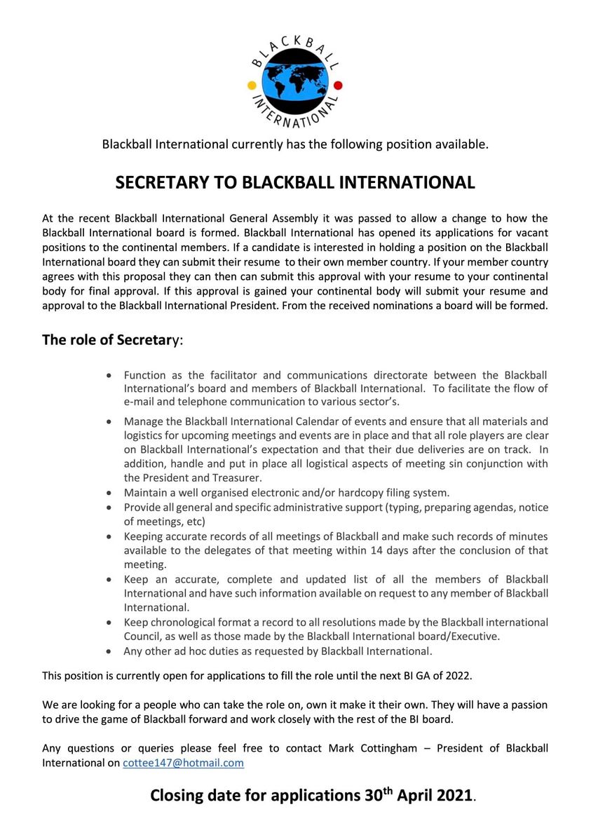 Secretary Position With Blackball International