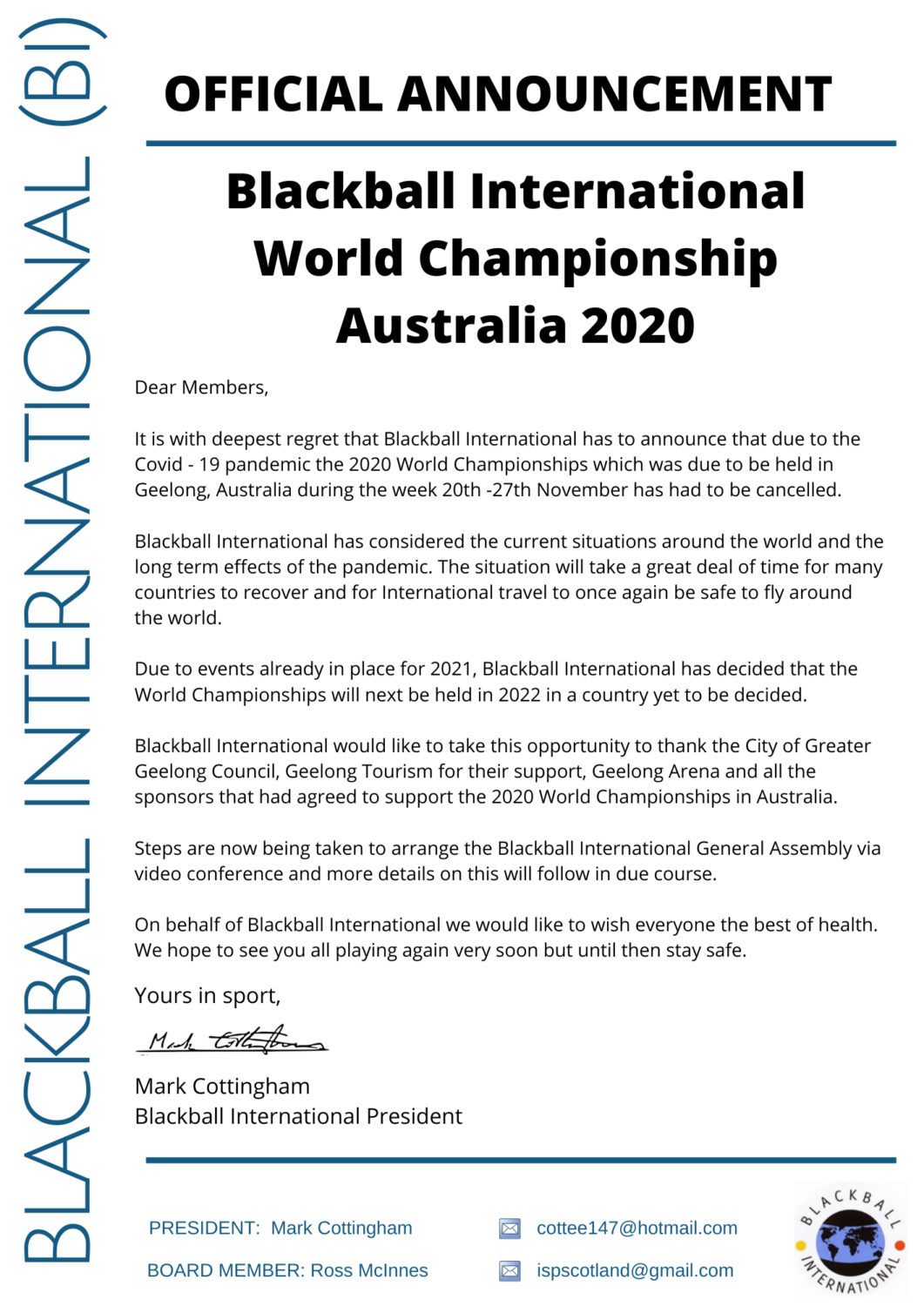Blackball 2020 Geelong World Championships Cancelled