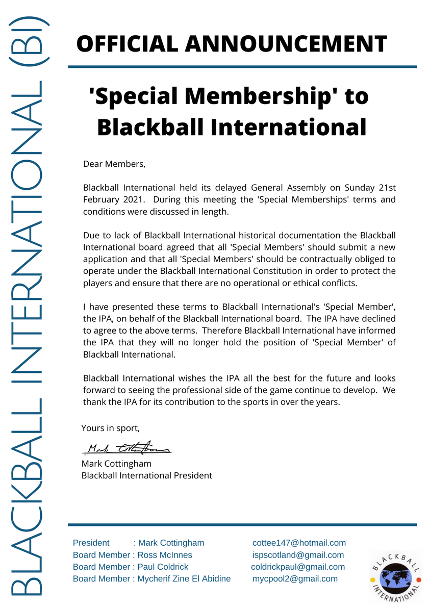Special Membership Blackball International Applications