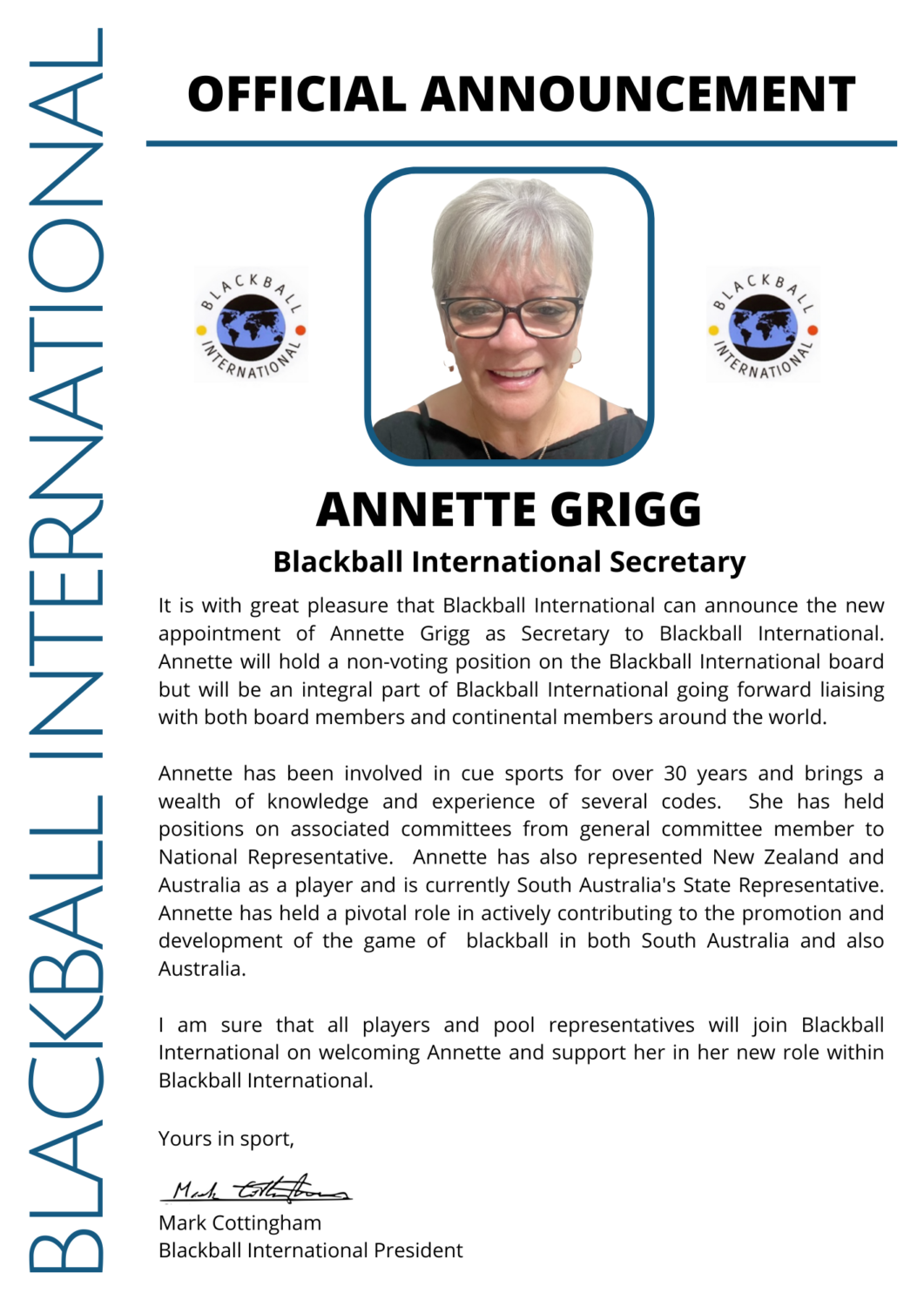 Annette Grigg Blackball International Secretary