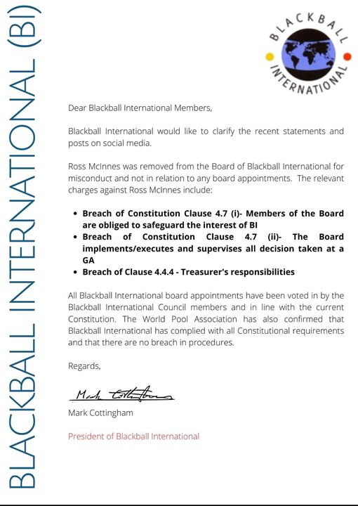 Ross McInnes removed from Blackball International Board